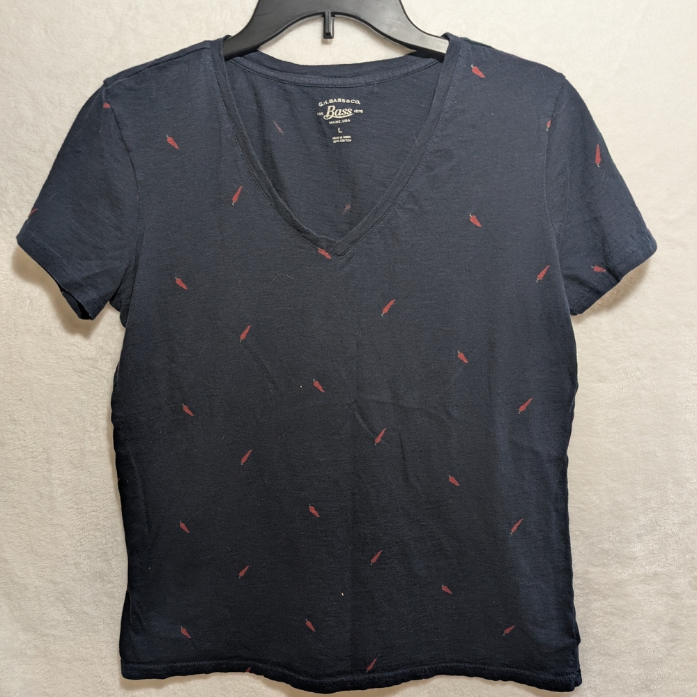 Bass Navy V-Neck T-Shirt with Red Accents